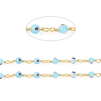 3.28 Feet Handmade Evil Eye Lampwork Round Beaded Chains, with Brass Findings, Unwelded, Long-Lasting Plated, Golden, Light Sky Blue, 12.5x2.8x4x1.5mm, Beads: 4mm