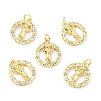 Brass Micro Pave Clear Cubic Zirconia Pendants, with Jump Ring, Cadmium Free & Lead Free, Round Ring with Saint, Real 18K Gold Plated, 17x15x2.5mm