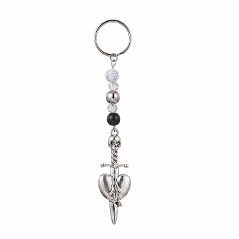 Alloy Pendant Keychain, with Iron Split Key Rings and Acrylic Beads, Sword, Heart, 11cm