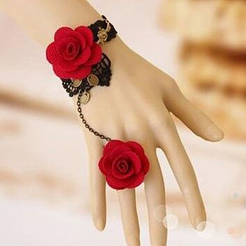 Gothic Style Retro Alloy Lace Flower Link Rings Bracelets for Women, Red, No Sise