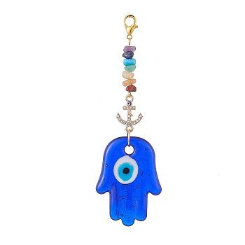 Evil Eye Lampwork Pandant Decorations, with Alloy Rhinestone Links and Stainless Steel Lobster Claw Clasps, Gemstone Chip Bead, Hamsa Hand, 116mm