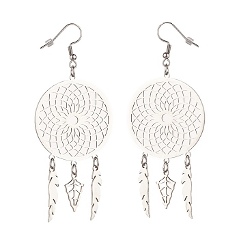 304 Stainless Steel Woven Net with Feather Dangle Earrings for Women, Stainless Steel Color, 85mm, Pin: 0.7mm