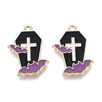 Halloween Theme Rack Plating Alloy Enamel Pendants, Golden, Coffin with Bat Charm, Medium Purple, 21.5x16x1.5mm, Hole: 1.6mm