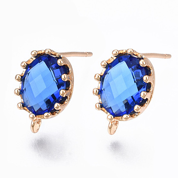 Brass Stud Earring Findings, with Glass and Loop, Long-Lasting Plated, Oval, Light Gold, Blue, 11.5x7.5mm, Hole: 1mm, Pin: 0.7mm