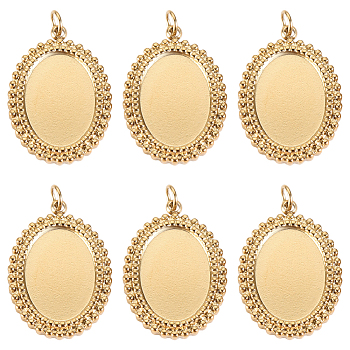 6Pcs 304 Stainless Steel Pendant Cabochon Settings, with Jump Rings, Oval, Real 14K Gold Plated, Tray: 14x10mm, 21.5x15x2.5mm, Jump Ring: 3.8x0.5mm, 2.8mm inner diameter