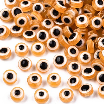 Resin Beads, Flat Round, Evil Eye, Orange, 6x4mm, Hole: 1.5mm