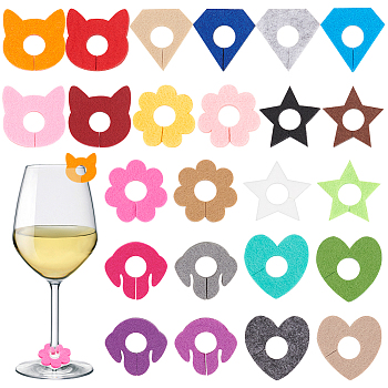 24Pcs 24 Styles Felt Wine Glass Charms, Cat Head & Star & Heart & Diamond Shaped & Footprint & Flower, Mixed Color, 35x35x10mm, Hole: 10mm, 1pc/style