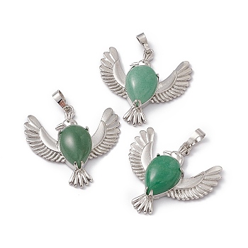 Natural Green Aventurine Pendants, Bird Charms, with Platinum Tone Brass Findings, Cadmium Free & Nickel Free & Lead Free, 36~37x37.5~38.5x9~9.5mm, Hole: 7.5x5mm
