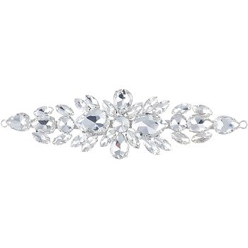 1Pc Brass Rhinestone Sewing Decorate, Wedding Theme, Dress Shoes Garment Decoration, Flower, Silver, 180x49x10mm, Hole: 4mm