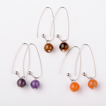 Natural Gemstone Round Bead Earrings, with Platinum Plated Brass Earring Hooks, Mixed Stone, 46mm, Pin: 0.5mm