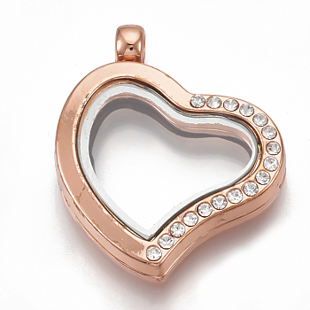 Alloy Magnetic Locket Pendants, with Rhinestone and Glass, Heart, Crystal, Rose Gold, 34x29x7mm, Hole: 2.5mm, Inner Measure: 16x20mm