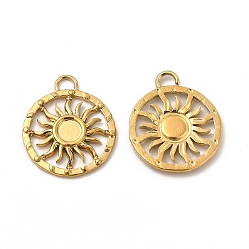 Ion Plating(IP) 304 Stainless Steel Pendant Cabochon Settings, Flat Round with Sun, Real 18K Gold Plated, Tray: 3mm, 15x12.5x1mm, Hole: 1.6mm