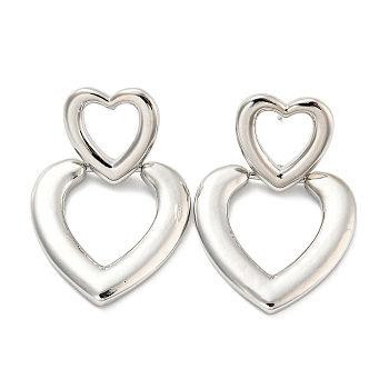 Heart Stud Earrings, Brass Jewelry for Women, Cadmium Free & Lead Free, Platinum, 39.5x27mm