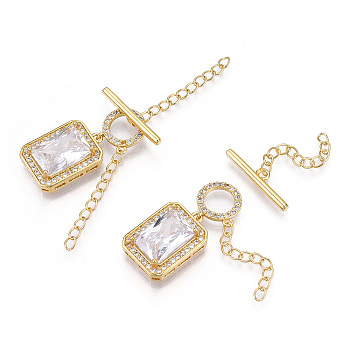 Brass Micro Pave Clear Cubic Zirconia Chain Extender, with Toggle Clasps, Ring with Rectangle, Nickel Free, Real 18K Gold Plated, 65mm
