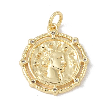 Brass Micro Pave Clear Cubic Zirconia Pendants, Flat Round, Coin Medal, with Jump Ring, Real 18K Gold Plated, 20.5x17.5x2mm, Hole: 3mm