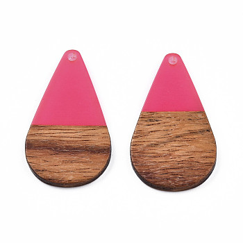 Transparent Resin & Walnut Wood Pendants, Teardrop Shape Charm, Hot Pink, 38x22x3mm, Hole: 2mm