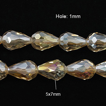 Electroplate Glass Beads Strands, AB Color Plated, Faceted Teardrop, Light Khaki, 7x5mm, about 65~67pcs/strand, 18~18.5 inch(45.5~46.9cm)