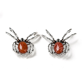 Dual-use Items Alloy Brooch, with Natural Red Agate and Rhinestone, Spider, 46x54x12mm, Hole: 4x3.5mm
