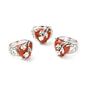 Natural Red Jasper Adjustable Rings, Platinum Tone Heart with Flower Brass Rings for Women, Cadmium Free & Lead Free, US Size 6 3/4(17.1mm), 4.5~9mm