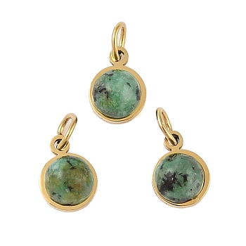 Ion Plating(IP) Natural African Turquoise(Jasper) Half Round Charms with Jump Ring, Golden Tone 316 Surgical Stainless Steel Charms, 7.5x6x3.5mm, Hole: 2.5mm