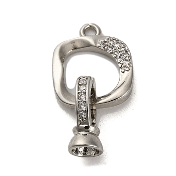 Brass Micro Pave Clear Cubic Zirconia Fold Over Clasps, Lead Free & Cadmium Free, Square, Platinum, Ring: 15.5x13x2mm, Hole: 1.6mm