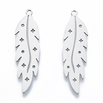 201 Stainless Steel Pendants, Leaf Charm with Star, Stainless Steel Color, 38x10x1mm, Hole: 1.5mm