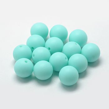 Food Grade Eco-Friendly Silicone Beads, Round, Cyan, 14~15mm, Hole: 2mm