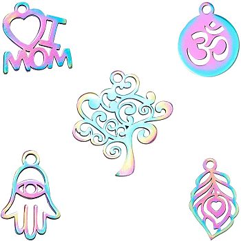201 Stainless Steel Pendants, Mixed Shapes, Rainbow Color, 68x52x11mm, 10pcs/box
