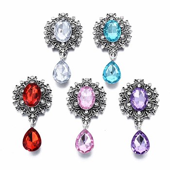 Alloy Flat Back Cabochons, with Acrylic Rhinestones, Oval and Teardrop, Antique Silver, Faceted, Mixed Color, 59x29x6mm