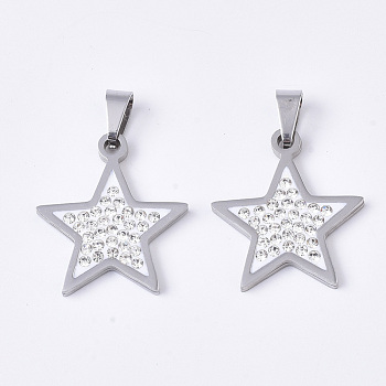 201 Stainless Steel Pendants, with Random Size Snap On Bails and Polymer Clay Crystal Rhinestones, Star, Stainless Steel Color, 23x20x2mm, Hole: 7~10x3~5mm