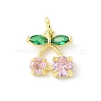 Brass Micro Pave Cubic Zirconia Pendants, Cherry Charms, Long-Lasting Plated, Cadmium Free & Lead Free, Rack Plating, Real 18K Gold Plated, with Jump Ring, Pink, 12.5x11.5x4mm, Hole: 3mm(KK-Z101-06G-01)