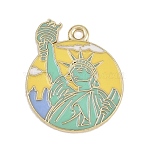 Alloy Enamel Pendants, Round with Statue of Liberty Charms, Golden, Colorful, 27x21.5x1mm, Hole: 2mm(FIND-E054-06A)