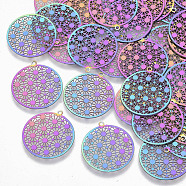 Ion Plating(IP) 201 Stainless Steel Filigree Pendants, Etched Metal Embellishments, Flat Round, Rainbow Color, 21.5x20x0.3mm, Hole: 1mm(X-STAS-R102-09)