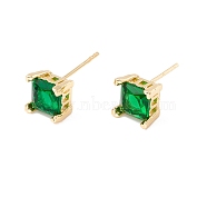Green Cubic Zirconia Square Stud Earrings, Brass Jewelry for Women, Lead Free & Cadmium Free, Real 18K Gold Plated, 7.5x7.5mm, Pin: 0.8mm(EJEW-F282-27G)