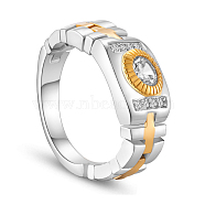 SHEGRACE 925 Sterling Silver Finger Ring, with Watch Chain and Real 18K Gold Plated Round with Two Rows of AAA Cubic Zirconias, Platinum & Golden, 21mm(JR536A-03)