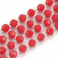 Handmade Glass Beaded Chains, Soldered, with Brass Findings, Faceted, Round, Red, Real 18K Gold Plated, 3mm(CHC-S004-02B-G)