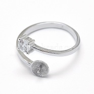 925 Sterling Silver Cuff Rings, Open Rings Components, For Half Drilled Beads, with Cubic Zirconia, Flat Round, Platinum, 16mm; Tray: 5.5mm; Pin: 0.7mm(STER-F045-11P)