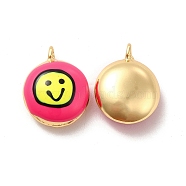 Brass Enamel Charms, Real 18K Gold Plated, Long-Lasting Plated, Flat Round with Smiling Face, Red, 19x15.5x8mm, Hole: 1.8mm(KK-P222-05G)