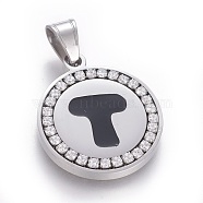304 Stainless Steel Enamel Pendants, with Cubic Zirconia, Flat Round with Letter, Stainless Steel Color, Clear, Letter.T, 29x25x3mm, Hole: 5.5x8.5mm(STAS-E439-90T-P)