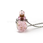 Luminous Round Lampwork Perfume Bottle Necklaces, with Titanium Steel Chains, Pink, 23.62 inch(60cm), Pendant: 18mm, Capacity: 0.5ml(0.02fl. oz)(PW-WG60050-01)