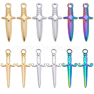 24Pcs 6 Styles 201 & 304 Stainless Steel Pendants, Sword Charms, Mixed Color, 24.5~27.5x9~10.5x2.5~4mm, Hole: 1.5~2mm, 4pcs/style(STAS-CN0001-54)