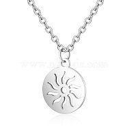 201 Stainless Steel Pendants Necklaces, Flat Round with Sun, Stainless Steel Color, 16.3 inch(40cm)x1mm(NJEW-S063-TN449-1)