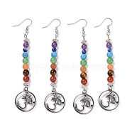 Chakra Natural & Synthetic Mixed Gemstone Round Beaded Dangle Earrings, Platinum Brass Yoga Theme Long Drop Earrings for Women, 90mm, Pin: 0.6mm(EJEW-L196-06P)