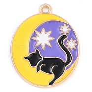 Alloy Pendants, with Enamel, Cat Pattern, Light Gold, Oval, 27x21x1.5mm, Hole: 1.8mm(ENAM-R004-01KCG-03)