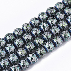 Electroplate Glass Beads Strands, Round with Flower Pattern, Cadet Blue, 8x7.5mm, Hole: 1.2mm, about 40pcs/strand, 11.8 inch(X-EGLA-S177-10A-04)