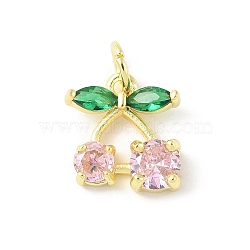 Brass Micro Pave Cubic Zirconia Pendants, Cherry Charms, Long-Lasting Plated, Cadmium Free & Lead Free, Rack Plating, Real 18K Gold Plated, with Jump Ring, Pink, 12.5x11.5x4mm, Hole: 3mm(KK-Z101-06G-01)