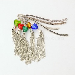 Tibetan Style Tassel Bookmarks/Hairpins, with Handmade Silver Foil Glass Beads and Iron Chains, Mixed Color, 84mm(AJEW-JK00051)