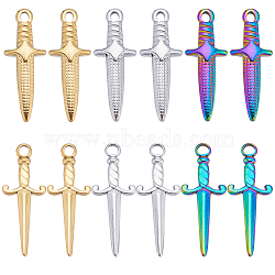24Pcs 6 Styles 201 & 304 Stainless Steel Pendants, Sword Charms, Mixed Color, 24.5~27.5x9~10.5x2.5~4mm, Hole: 1.5~2mm, 4pcs/style(STAS-CN0001-54)
