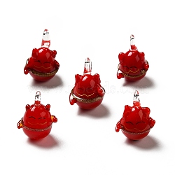 Handmade Lampwork Pendants, Cat Charms, FireBrick, 25~27x18~19.5x16~21mm, Hole: 3~4.5mm(LAMP-G156-12)