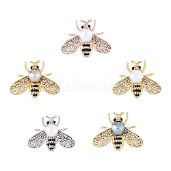 5Pcs 5 Colors White Imitation Pearl with Rhinestone Bee Brooch Pin, Alloy Badge for Backpack Clothes, Mixed Color, 28x36x17mm, Pin: 0.8mm, 1pc/color(JEWB-DC0001-10)